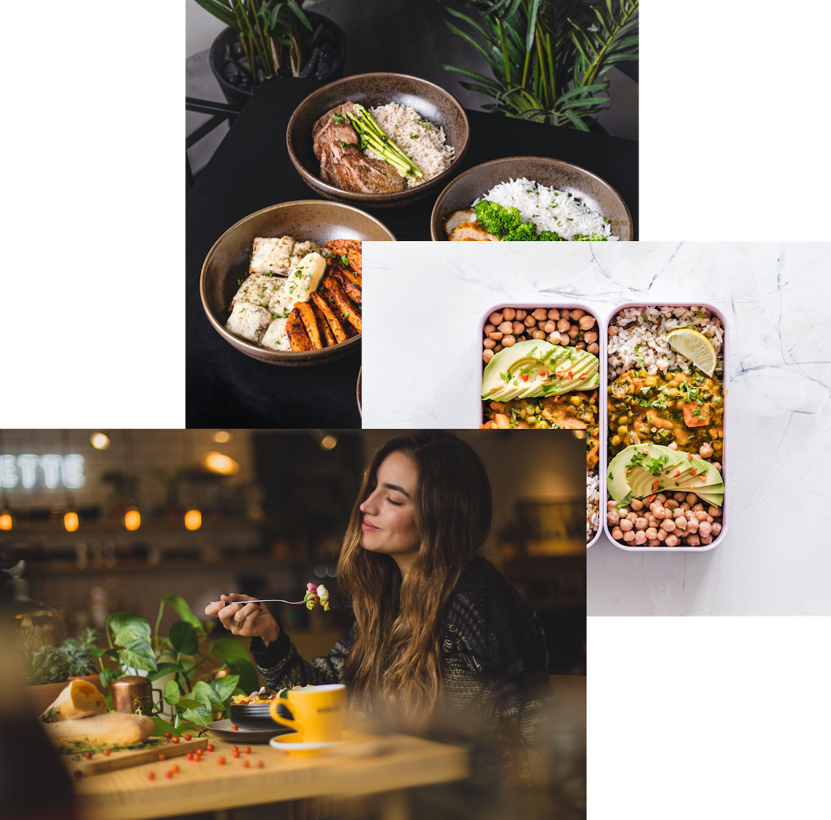 Woman enjoying food,
          meals in storage container, food bowls on a table